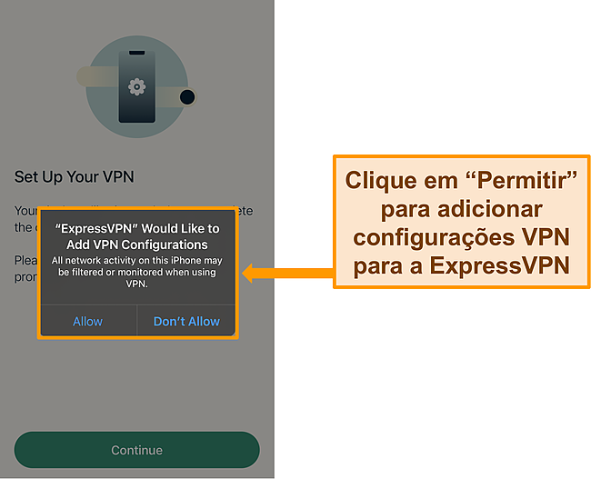 Captura de tela do aplicativo iOS da ExpressVPN solicitando permissão para permitir configurações de VPN.