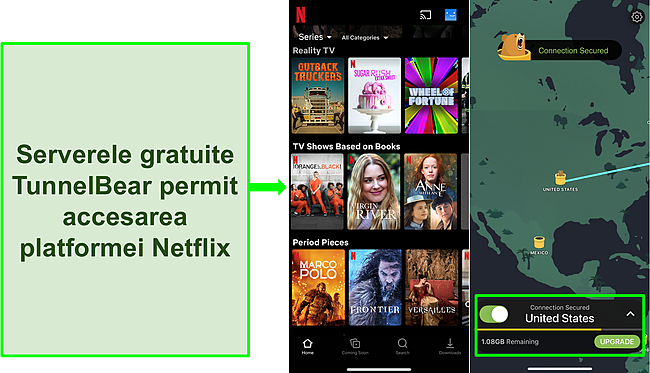 Captură de ecran a TunnelBear conectat la un server din SUA cu Netflix care afișează conținut exclusiv în SUA.