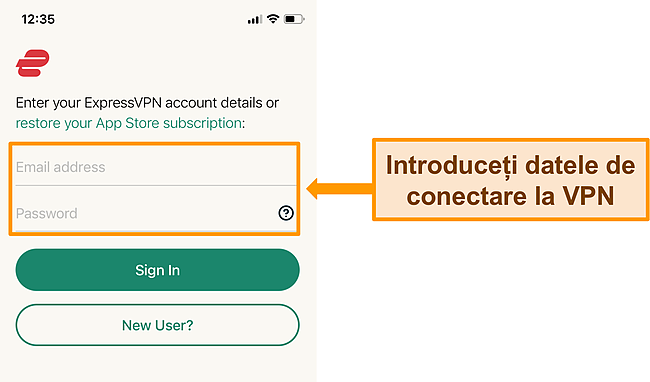 Captură de ecran a aplicației ExpressVPN pentru iPhone pe ecranul de conectare.