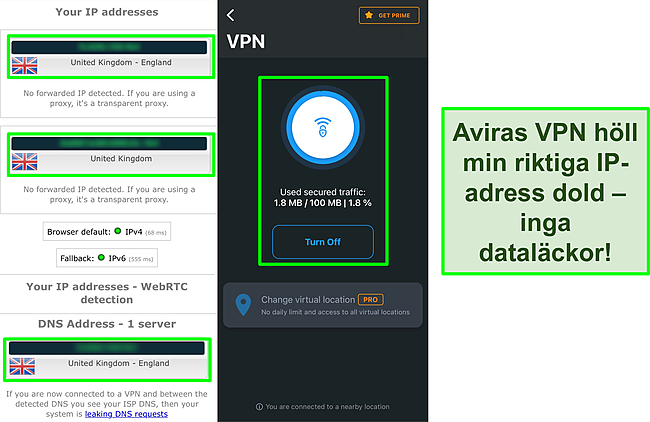 Skärmdump av Aviras VPN kopplat till resultaten av ett IP-läckagetest som inte visar några dataläckor.