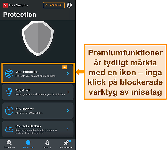 Skärmdump av Aviras iOS-app med premiumfunktionsikonen markerad.