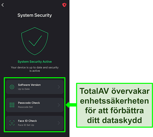Skärmdump av TotalAVs iOS-app med systemsäkerhetsfunktionen öppen och säkerhetsverktyg markerade.