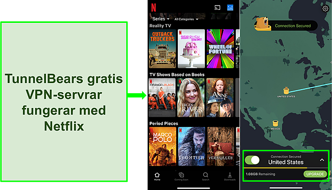 Skärmdump av TunnelBear ansluten till en amerikansk server med Netflix som visar innehåll endast i USA.