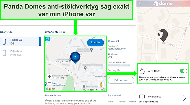 Skärmdump av Pandas stöldskyddsverktyg som är aktivt i iOS-appen med exakt platsvisning på Pandas enhetsplatswebbplats.