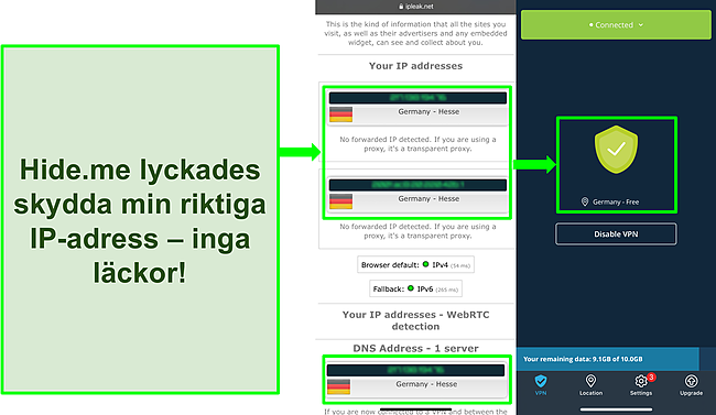 Skärmdump av IP -läckagetest som visar tyska platser med hide.me ansluten till en tysk server.