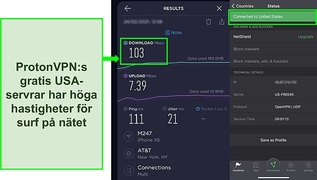 Skärmdump av Ookla hastighetstestresultat när den är ansluten till en av Proton VPN -fria amerikanska servrar.