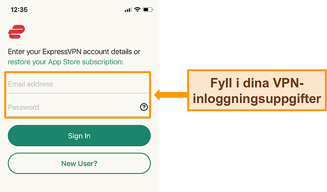 Skärmdump av ExpressVPNs iPhone -app på inloggningsskärmen.