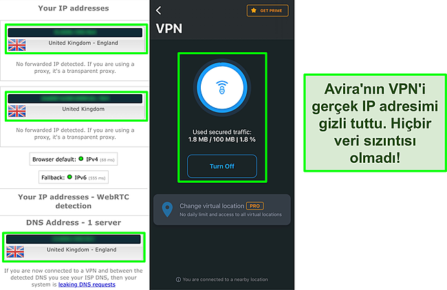 Avira'nın VPN'sinin, hiçbir veri sızıntısı göstermeyen bir IP sızıntı testinin sonuçlarıyla bağlantılı ekran görüntüsü.