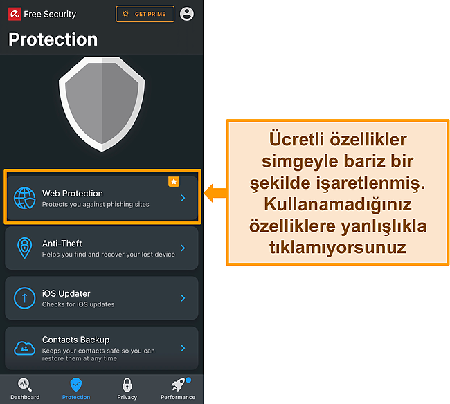 Avira'nın iOS uygulamasının premium özellik simgesinin vurgulandığı ekran görüntüsü.