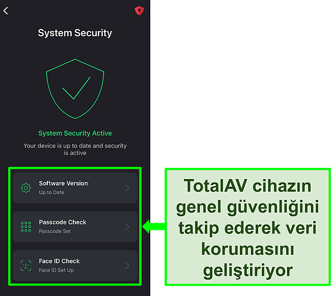 Sistem Güvenliği özelliği açık ve güvenlik araçları vurgulanmış halde TotalAV'ın iOS uygulamasının ekran görüntüsü.