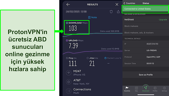 Proton VPN ücretsiz ABD sunucularından birine bağlanıldığında Ookla hız testi sonucunun ekran görüntüsü.