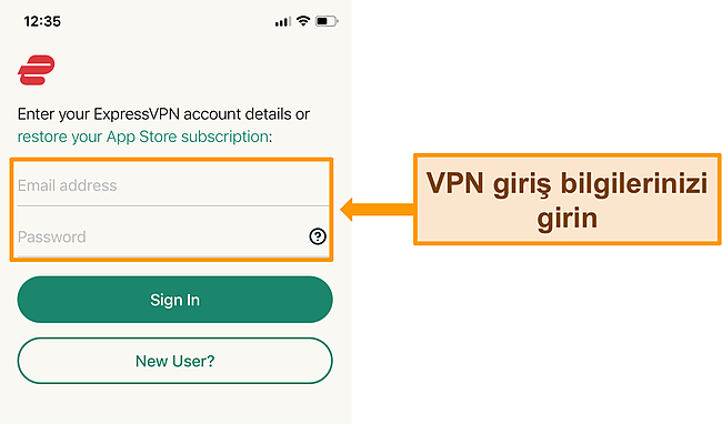 Giriş ekranında ExpressVPN'in iPhone uygulamasının ekran görüntüsü.