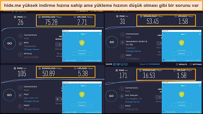 hide.me'nin Hollanda, Almanya ve ABD'deki hız testi sonuçlarının ekran görüntüsü.