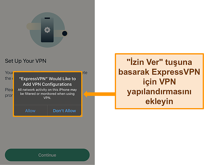 VPN yapılandırmalarına izin vermek için izin isteyen ExpressVPN'in iOS uygulamasının ekran görüntüsü.