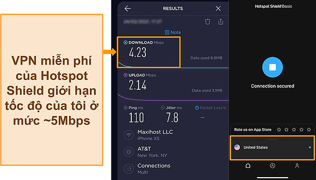 Ảnh chụp màn hình kiểm tra tốc độ Ookla với Hotspot Shield kết nối với máy chủ ở Mỹ.