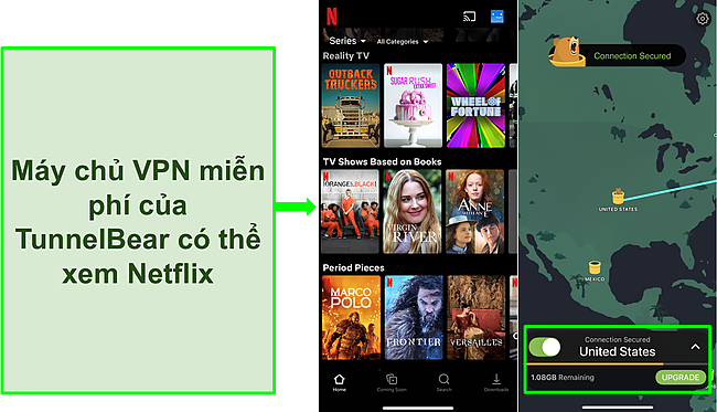 Ảnh chụp màn hình của TunnelBear được kết nối với máy chủ Hoa Kỳ với Netflix hiển thị nội dung chỉ dành cho Hoa Kỳ.