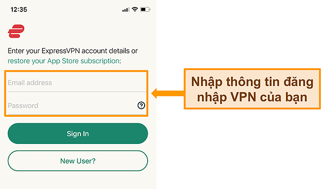 Ảnh chụp màn hình ứng dụng ExpressVPN trên iPhone trên màn hình đăng nhập.