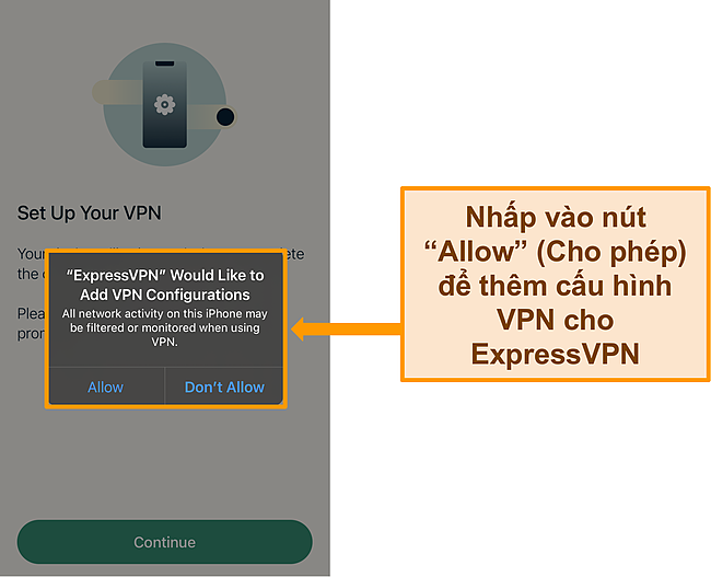 Ảnh chụp màn hình ứng dụng iOS của ExpressVPN yêu cầu quyền cho phép cấu hình VPN.