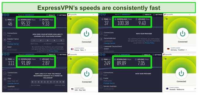 ExpressVPN's speed while connected to servers in France, Germany, USA, Australia.