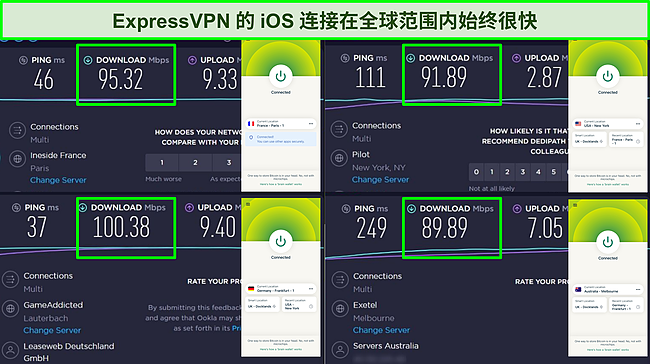 使用 ExpressVPN 的 iOS 应用程序连接到全球多台服务器的 Ookla 速度测试的屏幕截图。