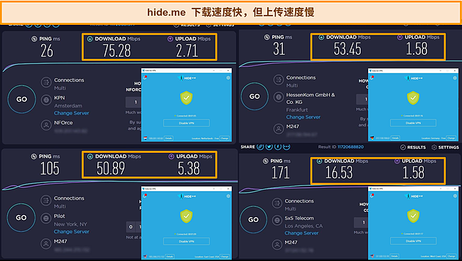 来自荷兰、德国和美国的 hide.me 速度测试结果的屏幕截图。