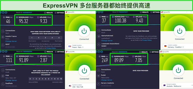 ExpressVPN连接法国、德国、美国和澳大利亚服务器的截图，并显示速度测试结果