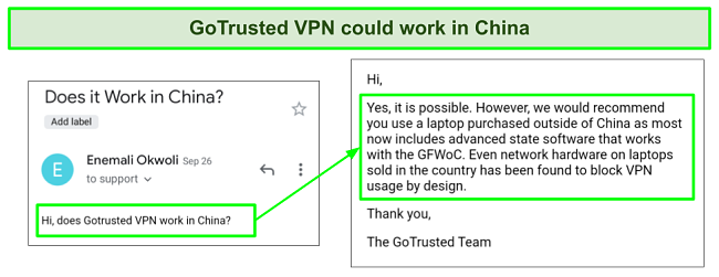 Screenshot of GoTrusted VPN support claiming the VPN works in China