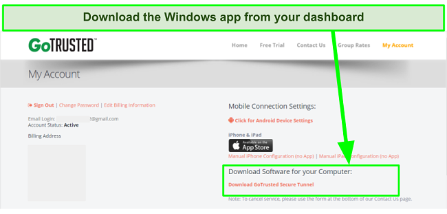 Screenshot of GoTrusted VPN download link