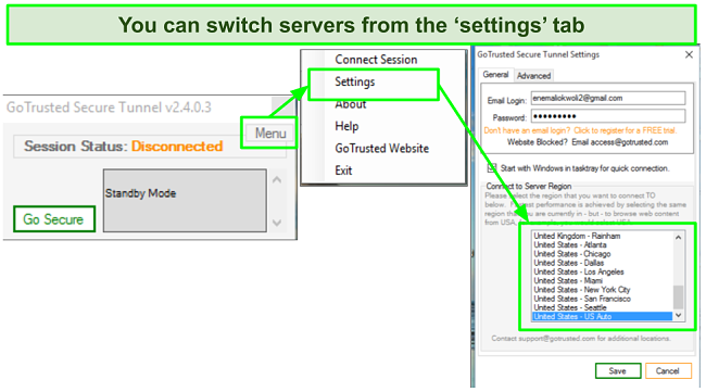 Screenshot of GoTrusted VPN app navigation