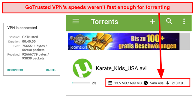 Screenshot of GoTrusted VPN's slow torrenting speeds