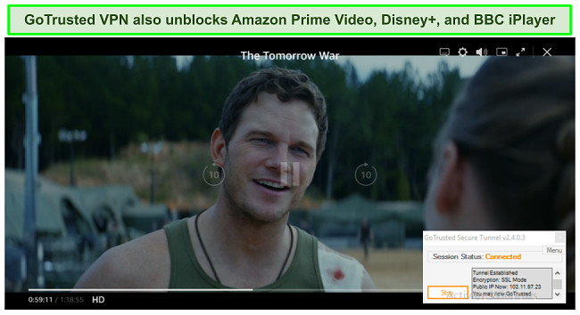 Screenshot of GoTrusted VPN unblocking Disney+, Prime Video, and BBC iPlayer