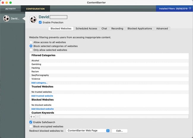 Intego ContentBarrier X9 configuration dashboard