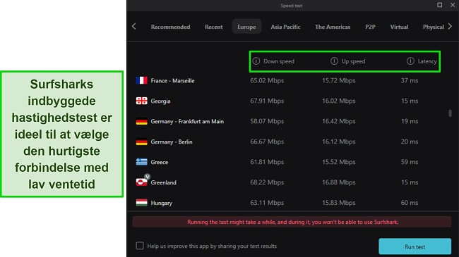 Hurtigste VPN'er - Surfshark med indbygget hastighedstest for download, upload-hastighed og latenstid
