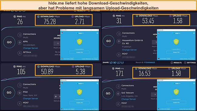 Screenshot der Geschwindigkeitstestergebnisse von hide.me aus den Niederlanden, Deutschland und den USA.