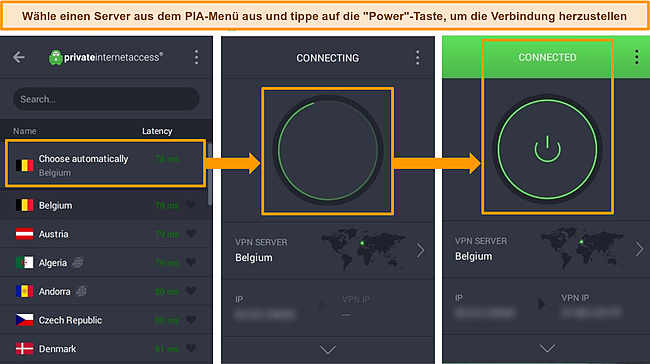 Screenshots der PIA Windows-App mit Anweisungen zum Herstellen einer Verbindung mit einem Server.