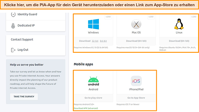 Screenshot des PIA Client Control Panels mit hervorgehobenen verfügbaren App-Downloads.