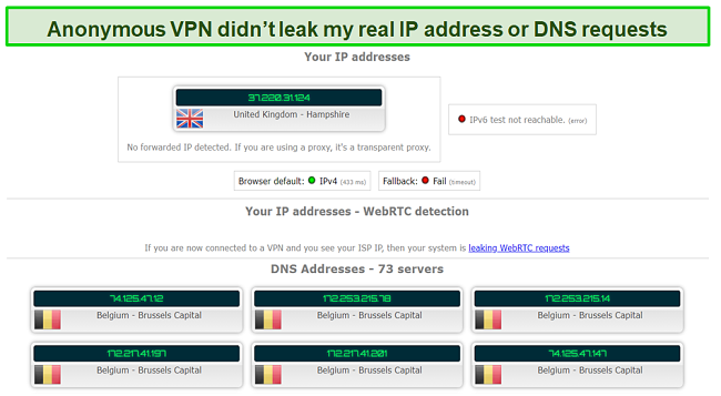 Screenshot of Anonymous VPN passing DNS leak tests