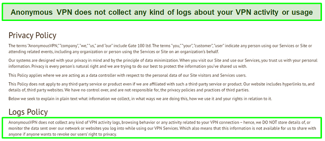 Screenshot of Anonymous VPN’s Privacy Policy