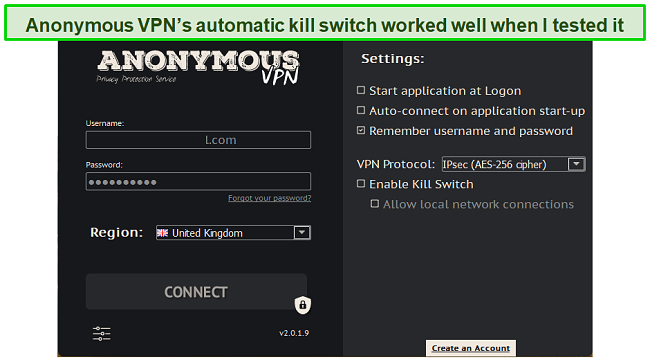 Screenshot of Anonymous VPN kill switch feature on the settings menu