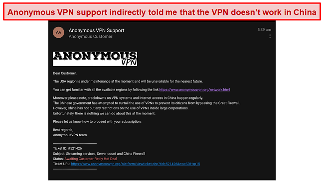 Screenshot of my conversation with Anonymous VPN support about its services in China