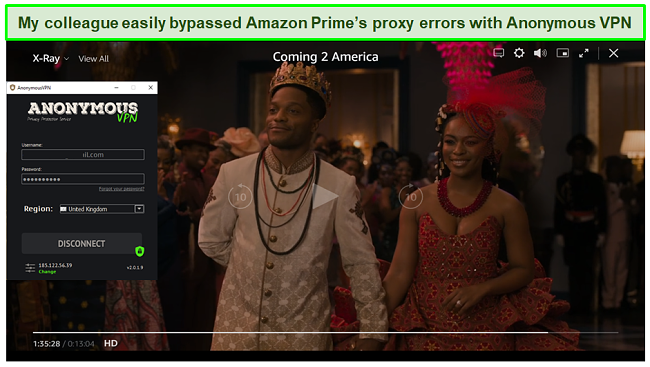 Screenshot of Anonymous VPN unblocking Amazon Prime and streaming Coming 2 America