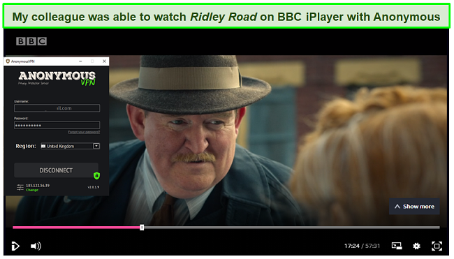Screenshot of Anonymous VPN unblocking BBC iPlayer and streaming Rodley Road