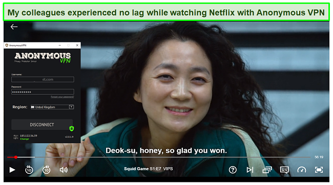 Screenshot of Anonymous VPN unblocking Netflix and streaming Squid Games