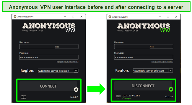 Screenshot of Anonymous VPN's interface before and after the application was launched
