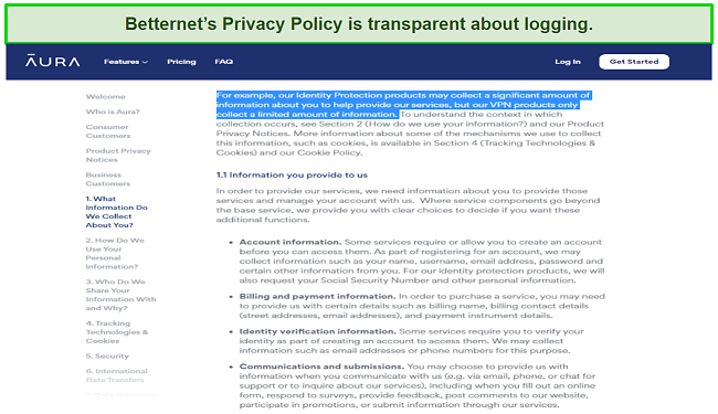 Screenshot of Betternet's privacy policy