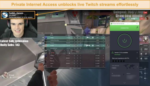 Screenshot of Foolish_Gamers streaming Valorant live using Private Internet Access