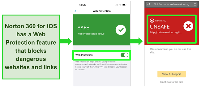 Screenshot of Norton 360 for iOS and its Web Protection feature enabled on the app and blocking a dangerous website