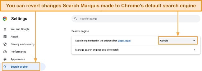 Screenshot of how to set default search engine to Google on your Chrome browser on Mac