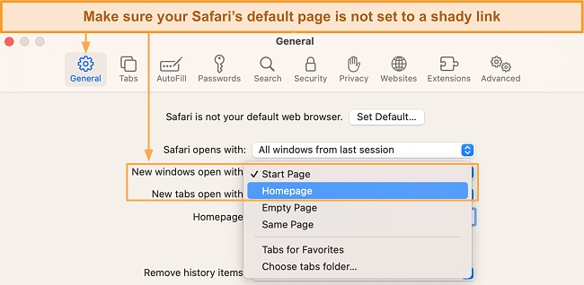 Screenshot of how to set up Safari's home page