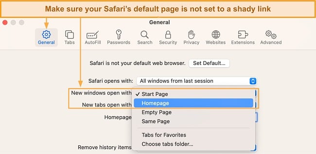 Screenshot of how to set up Safari's home page